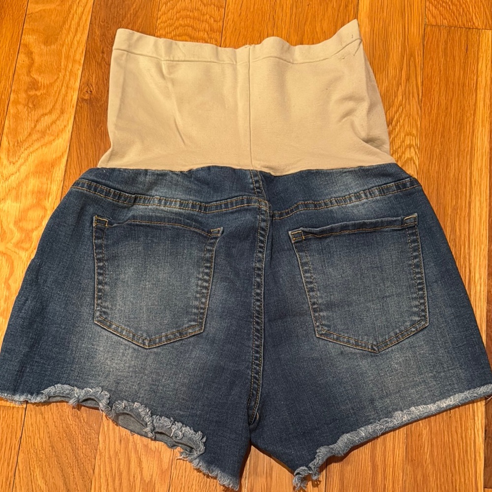 Denim Maternity Shorts L Distressed stretch full panel holes frayed raw hem 12 - Picture 3 of 4
